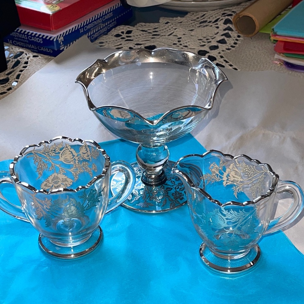 VTG Glass Sugar Bowl Footed with Etched With Silver Trim And Flowers, set of 3